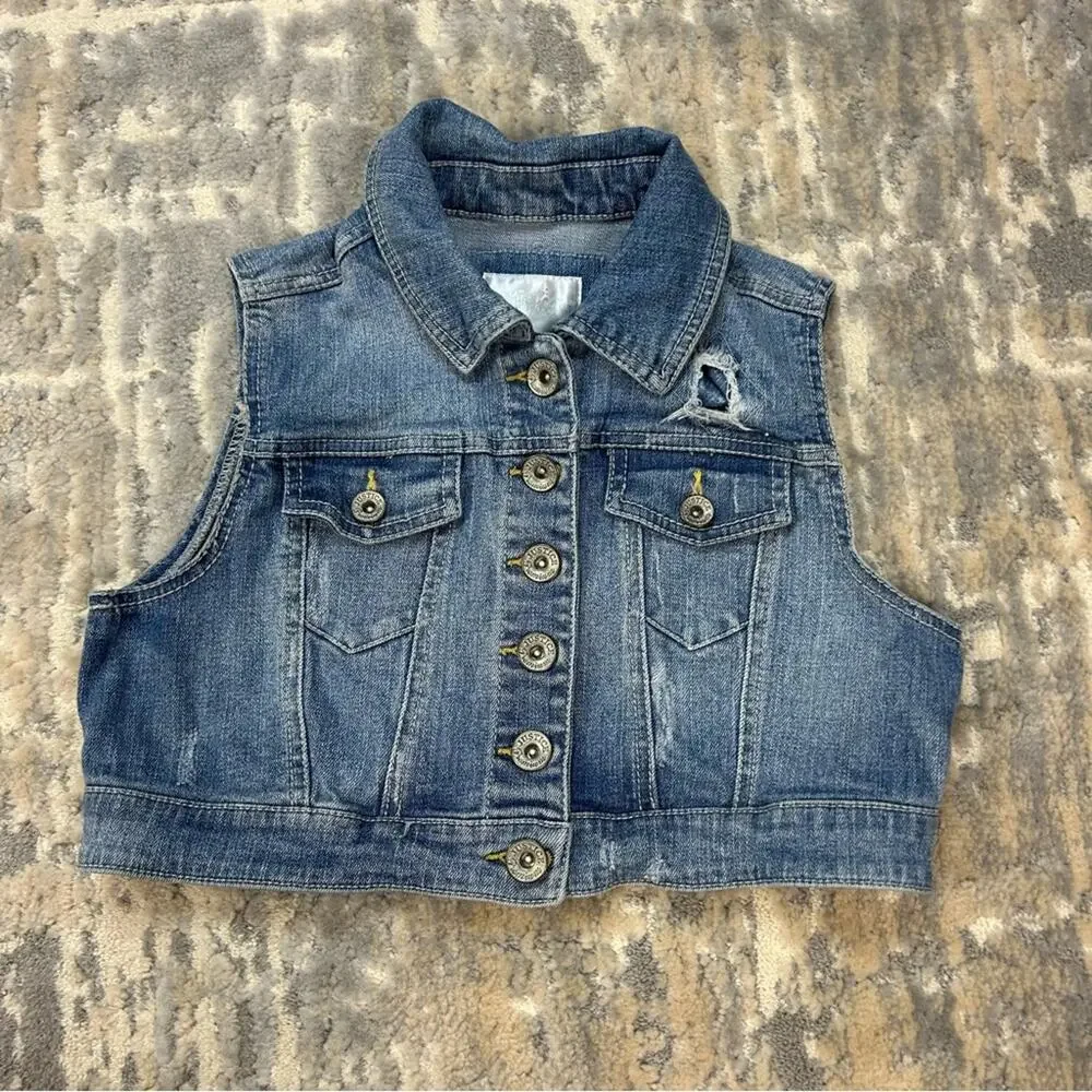 2010 Justice Distressed Light Wash Denim Jean Trucker Jacket Sleeveless size 14
